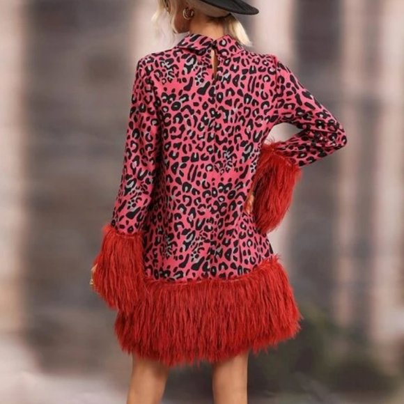 Leopard Print long sleeve Fuzzy Trim Dress - Picture 5 of 7